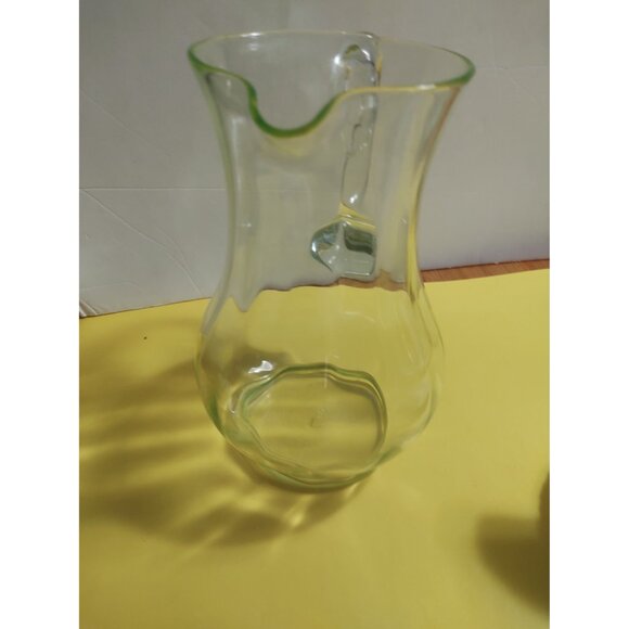 Large Antique vaseline uranium glass art deco water pitcher 9", ca 1930 - Picture 2 of 10